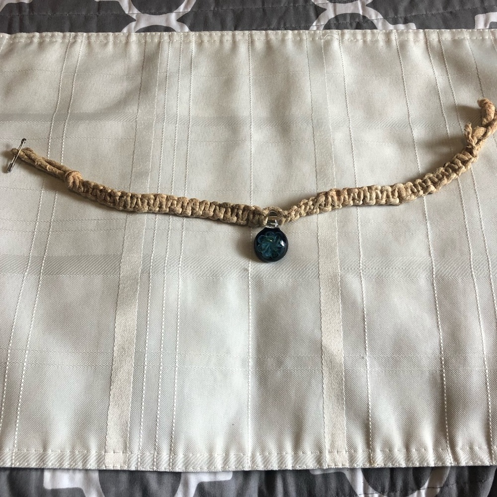 Hemp Necklace with Blue Swirl Like a Seven Leaf Clover Light and Dark Blue - Picture 2 of 6